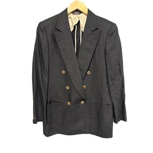 Vtg Paul Stuart Union Made Italian Linen Blazer Women 8 Black Double Breasted